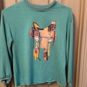 Women’s Teal Long-Sleeve tshirt with Saddle Graphic